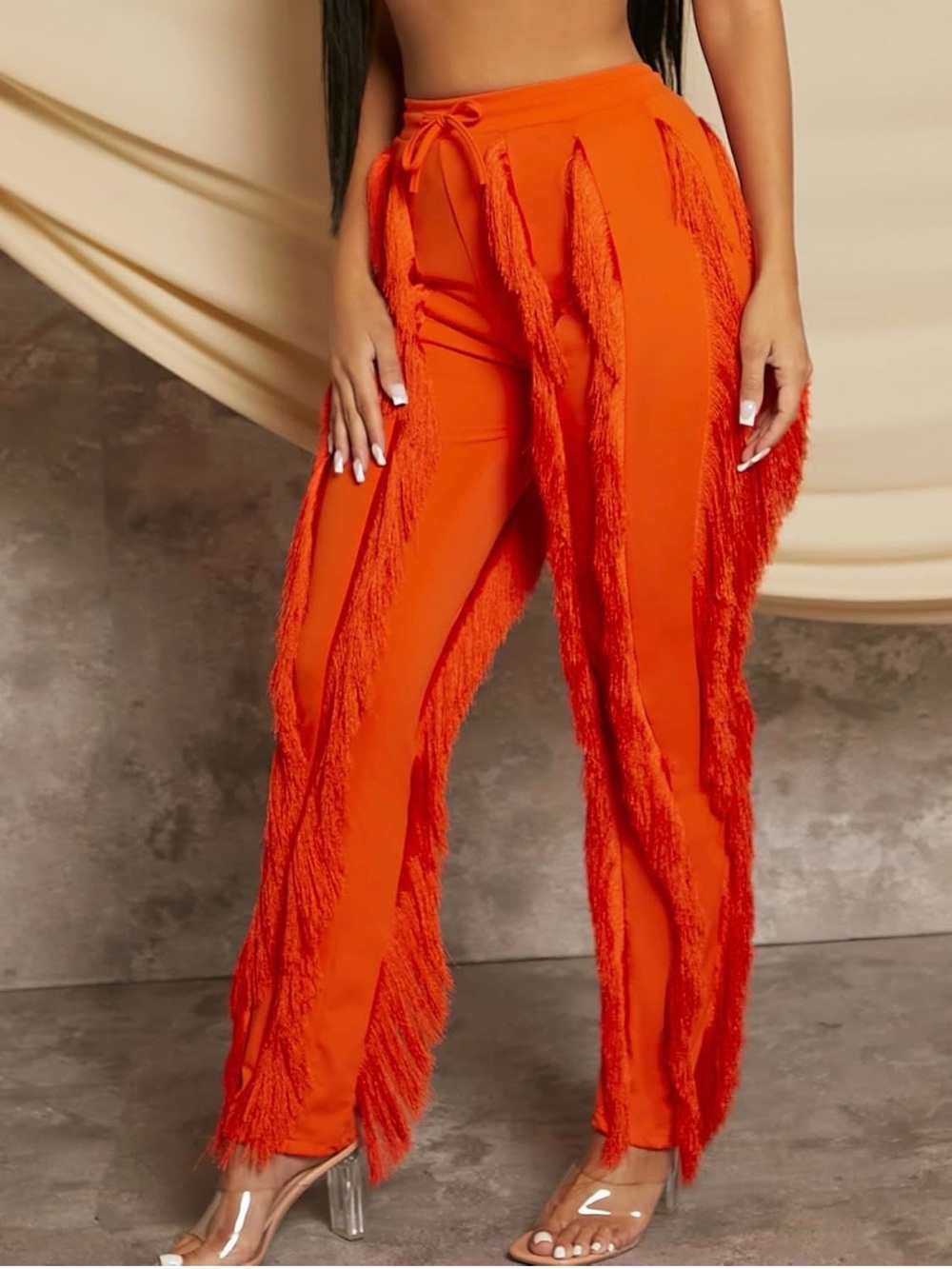 Women's Pants Fringe Trim Drawstring Waist Pants Women's Pants